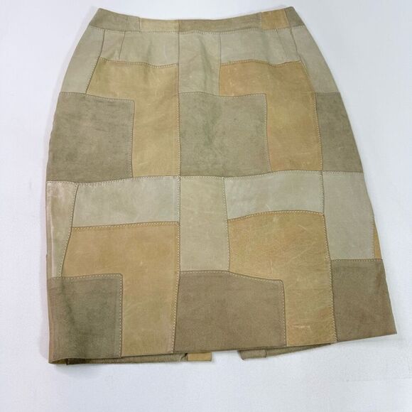 Vintage Chetta B Skirt Womens 6 Leather Patchwork Tan Brown Knee Length Slit - Picture 1 of 7